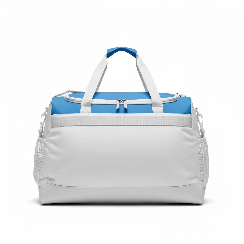 Custom Basketball Team Duffle Bag - White, Blue, White - Duffle Columbia Top Panel - Back View - HAMCO Sports Inc.