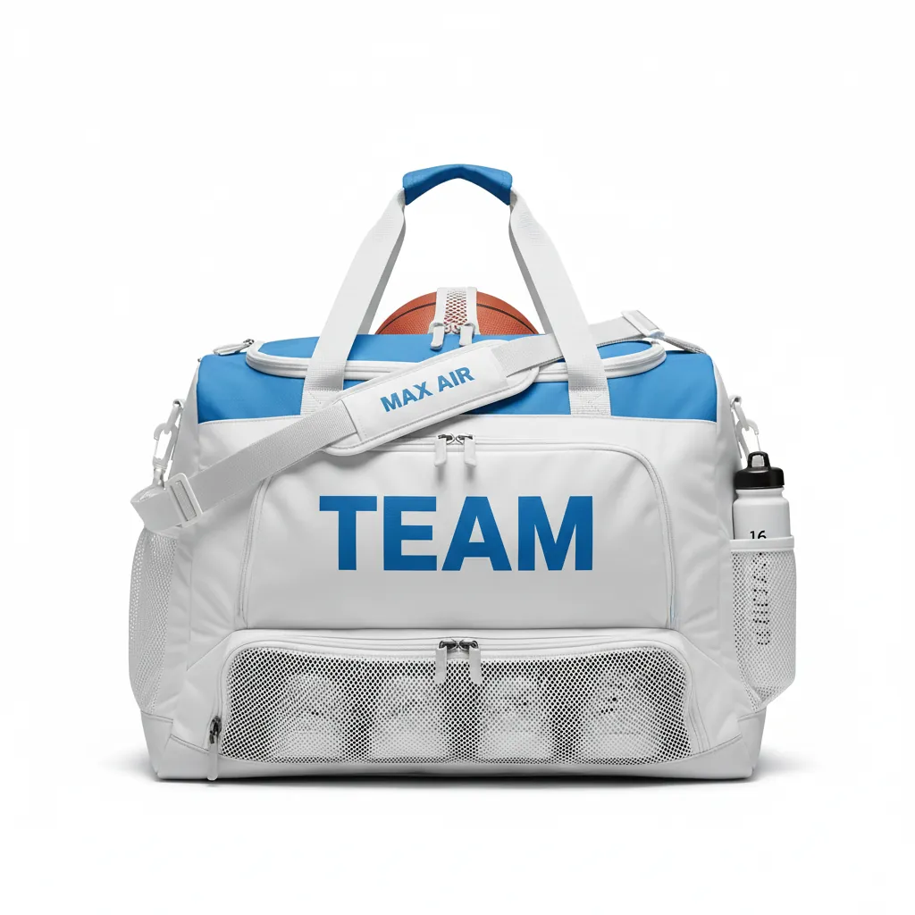 Custom Basketball Team Duffle Bag - White, Blue, White - Duffle Columbia Top Panel - Front View - HAMCO Sports Inc.