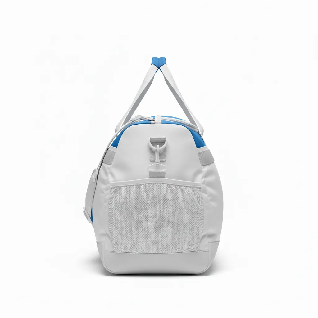 Custom Basketball Team Duffle Bag - White, Blue, White - Duffle Columbia Top Panel - Side View - HAMCO Sports Inc.