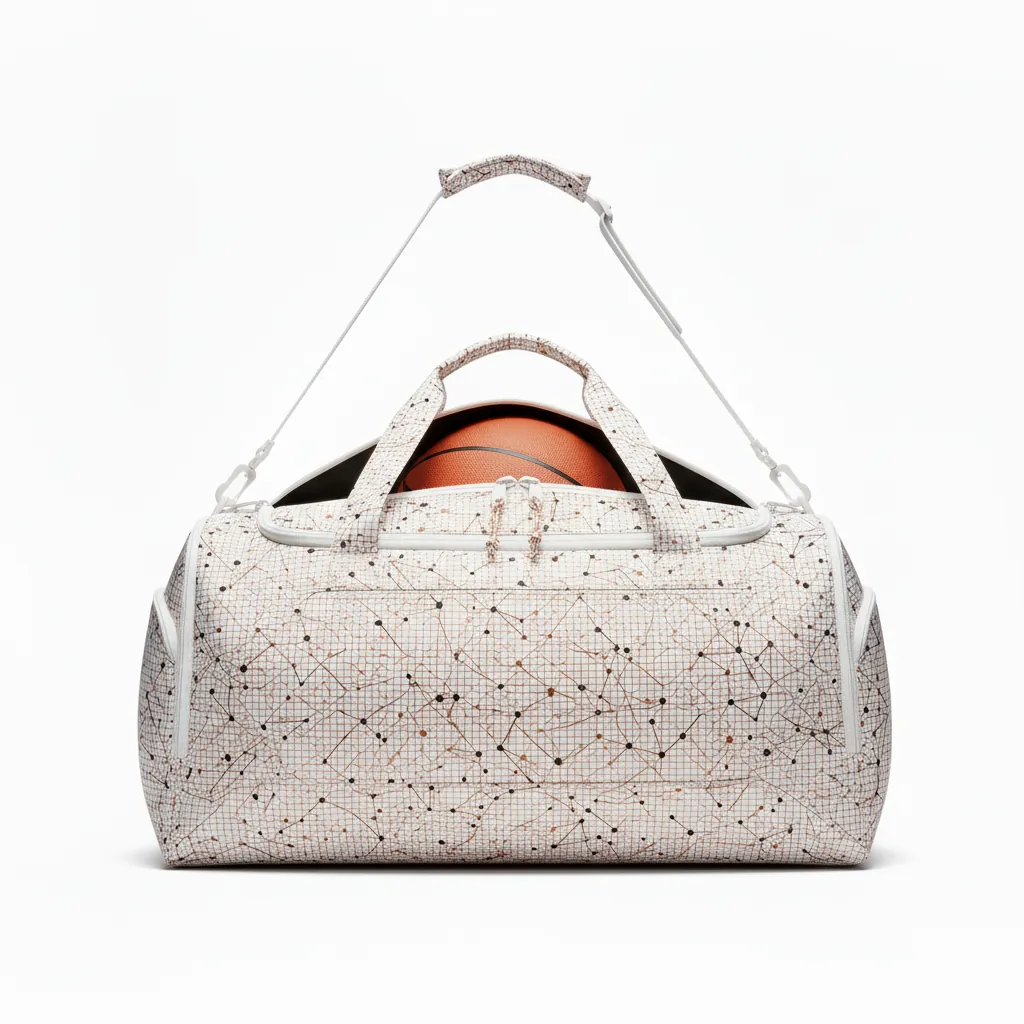 Custom Basketball Team Duffle Bag - White, Black - Duffle Copper Mesh Tech - Back View - HAMCO Sports Inc.