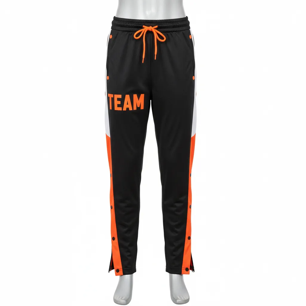 Custom Basketball Tear Away Warmup Pants - Black, Orange, White - Tearaway Pants Neon - Front View - HAMCO Sports Inc.