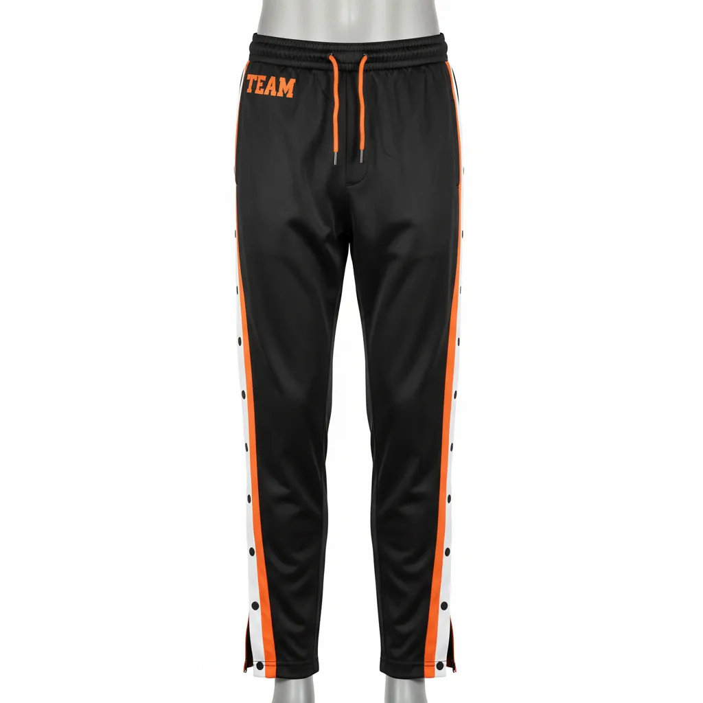 Custom Basketball Tear Away Warmup Pants - Black, Orange, White - Tearaway Pants Bold - Front View - HAMCO Sports Inc.