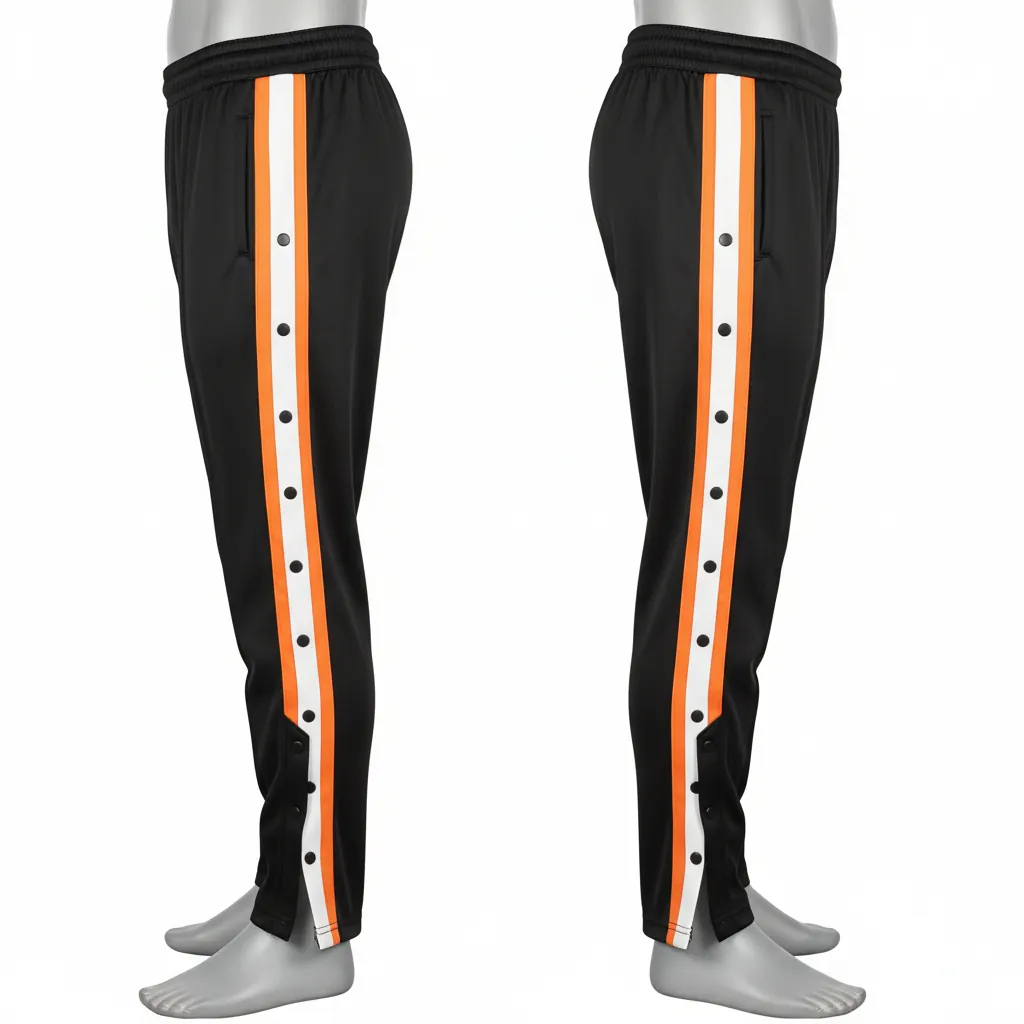 Custom Basketball Tear Away Warmup Pants - Black, Orange, White - Tearaway Pants Bold - Side View - HAMCO Sports Inc.