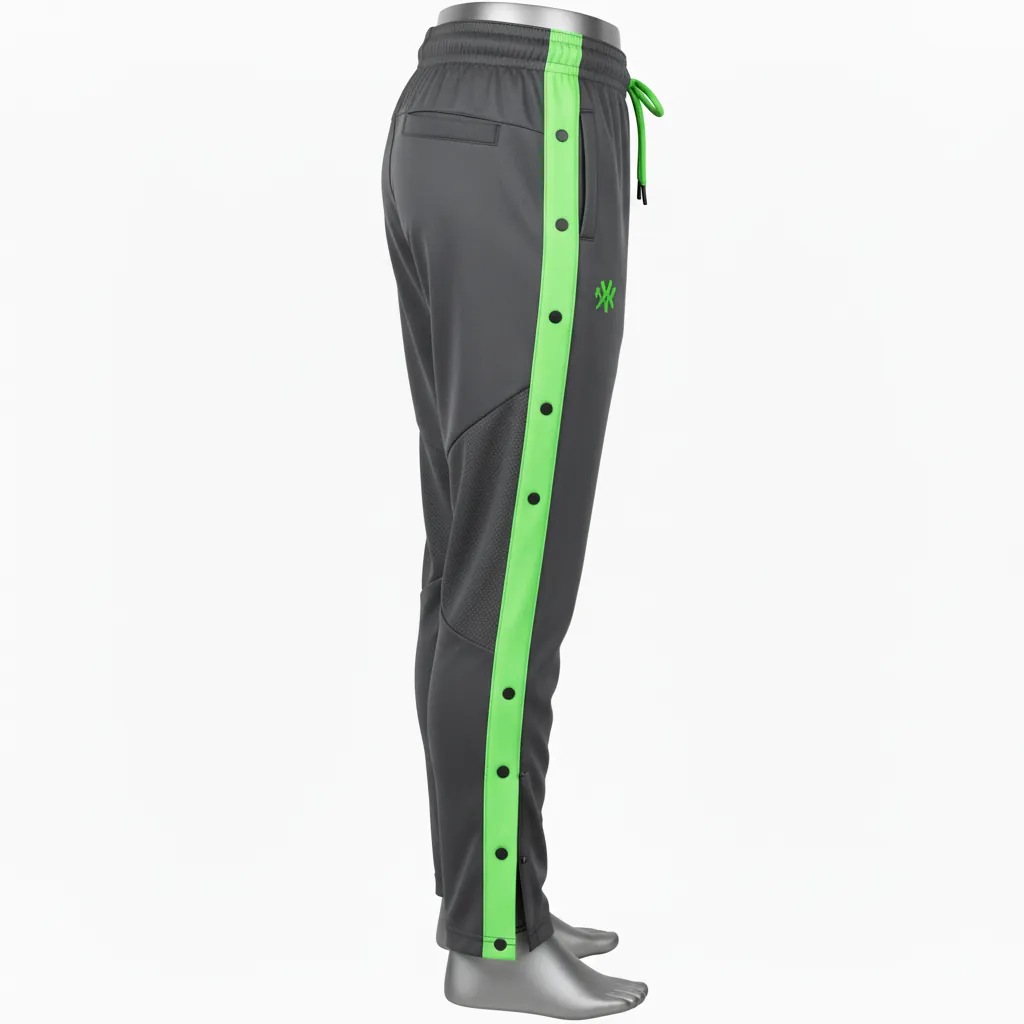 Custom Basketball Tear Away Warmup Pants - Green, Black - Tearaway Pants Charcoal Neon - Side View - HAMCO Sports Inc.