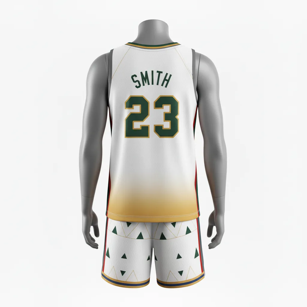 Custom Basketball V Neck Basketball Uniform - White, Black, Orange - Vneck Vertical Stripes - Back View - HAMCO Sports Inc.