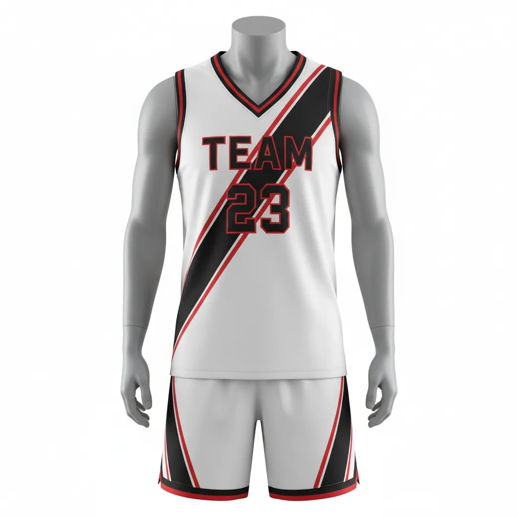 Custom Basketball V Neck Basketball Uniform - White, Black, Red - Vneck Diagonal Slash - Front View - HAMCO Sports Inc.