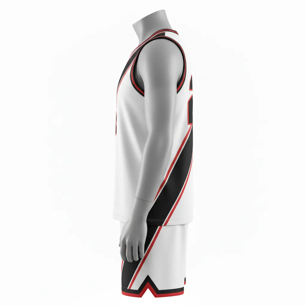 Custom Basketball V Neck Basketball Uniform - White, Black, Red - Vneck Diagonal Slash - Side View - HAMCO Sports Inc.