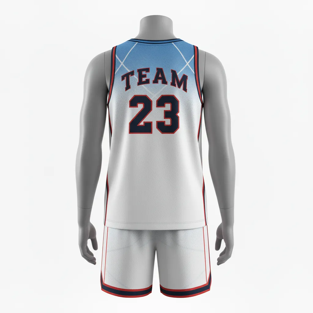 Custom Basketball V Neck Basketball Uniform - White, Black, Red - Vneck Retro Color Block - Back View - HAMCO Sports Inc.