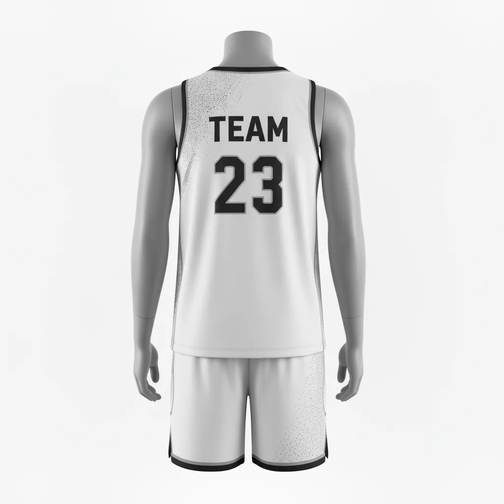 Custom Basketball V Neck Basketball Uniform - White, Black, White - Vneck Texture Pattern - Back View - HAMCO Sports Inc.