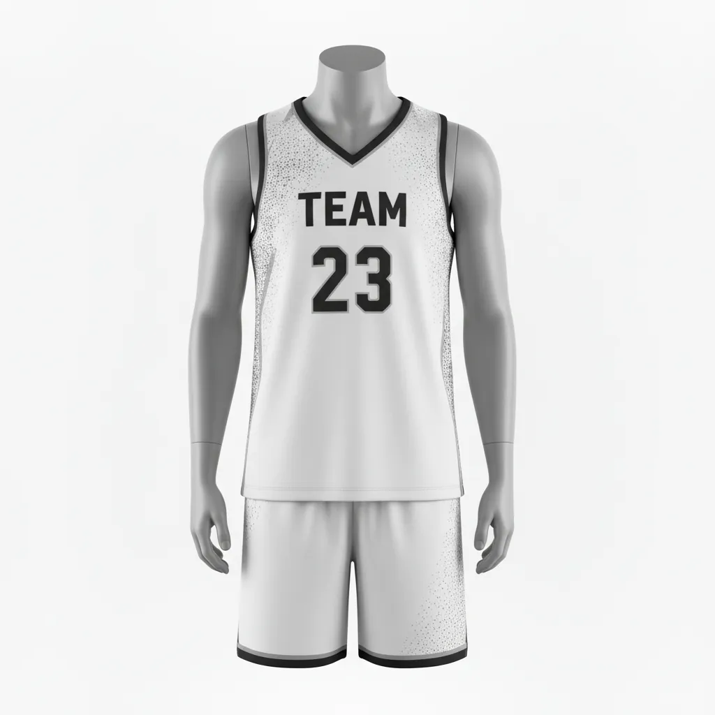 Custom Basketball V Neck Basketball Uniform - White, Black, White - Vneck Texture Pattern - Front View - HAMCO Sports Inc.