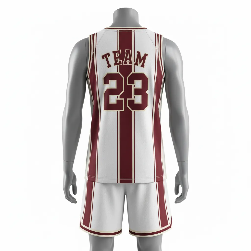Custom Basketball V Neck Basketball Uniform - White, Burgundy, Cream - Vneck Vertical Stripes - Back View - HAMCO Sports Inc.