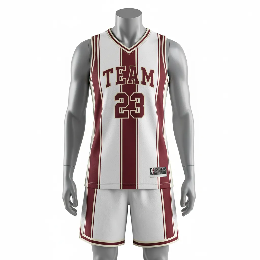 Custom Basketball V Neck Basketball Uniform - White, Burgundy, Cream - Vneck Vertical Stripes - Front View - HAMCO Sports Inc.
