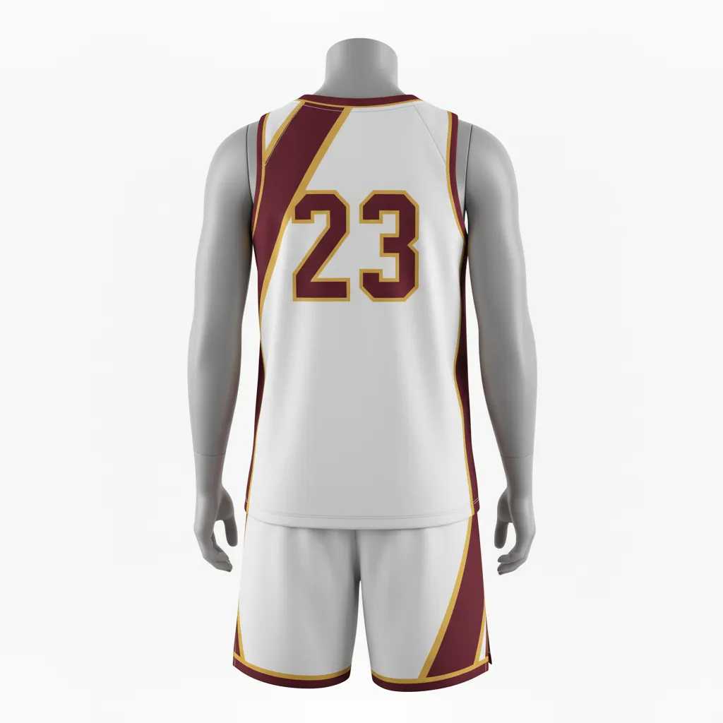 Custom Basketball V Neck Basketball Uniform - White, Burgundy, Gold - Vneck Diagonal Slash - Back View - HAMCO Sports Inc.
