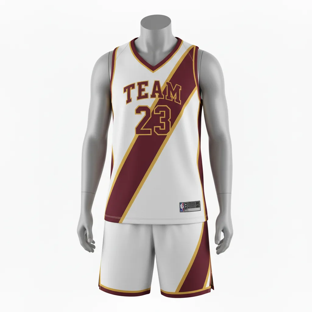 Custom Basketball V Neck Basketball Uniform - White, Burgundy, Gold - Vneck Diagonal Slash - Front View - HAMCO Sports Inc.