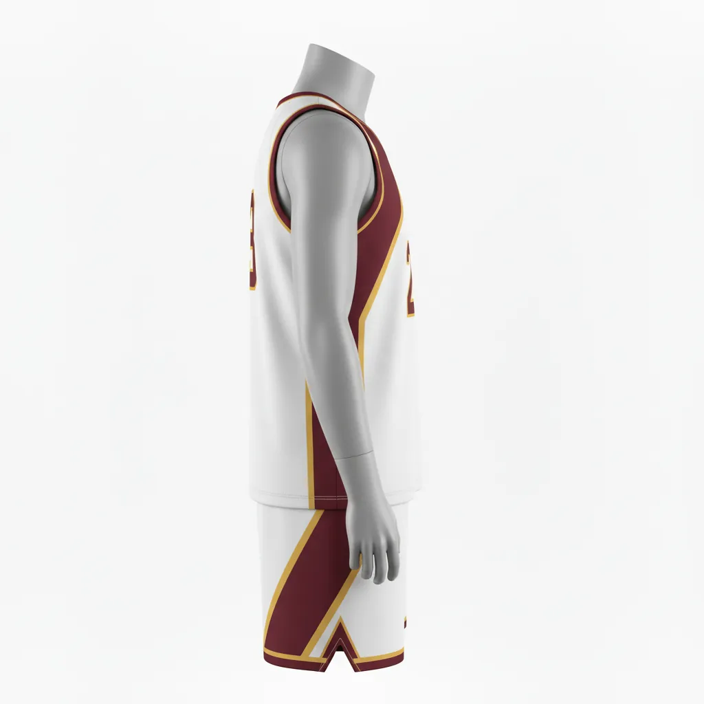 Custom Basketball V Neck Basketball Uniform - White, Burgundy, Gold - Vneck Diagonal Slash - Side View - HAMCO Sports Inc.