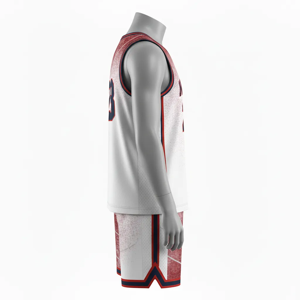 Custom Basketball V Neck Basketball Uniform - White, Burgundy, Silver - Vneck Texture Pattern - Side View - HAMCO Sports Inc.