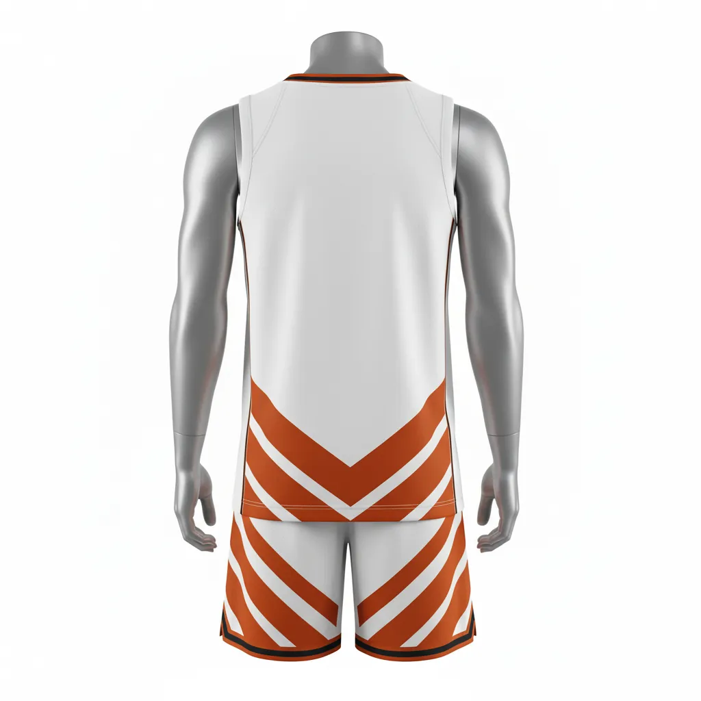 Custom Basketball V Neck Basketball Uniform - White, Burnt, Orange... - Vneck Chevron Pattern - Back View - HAMCO Sports Inc.