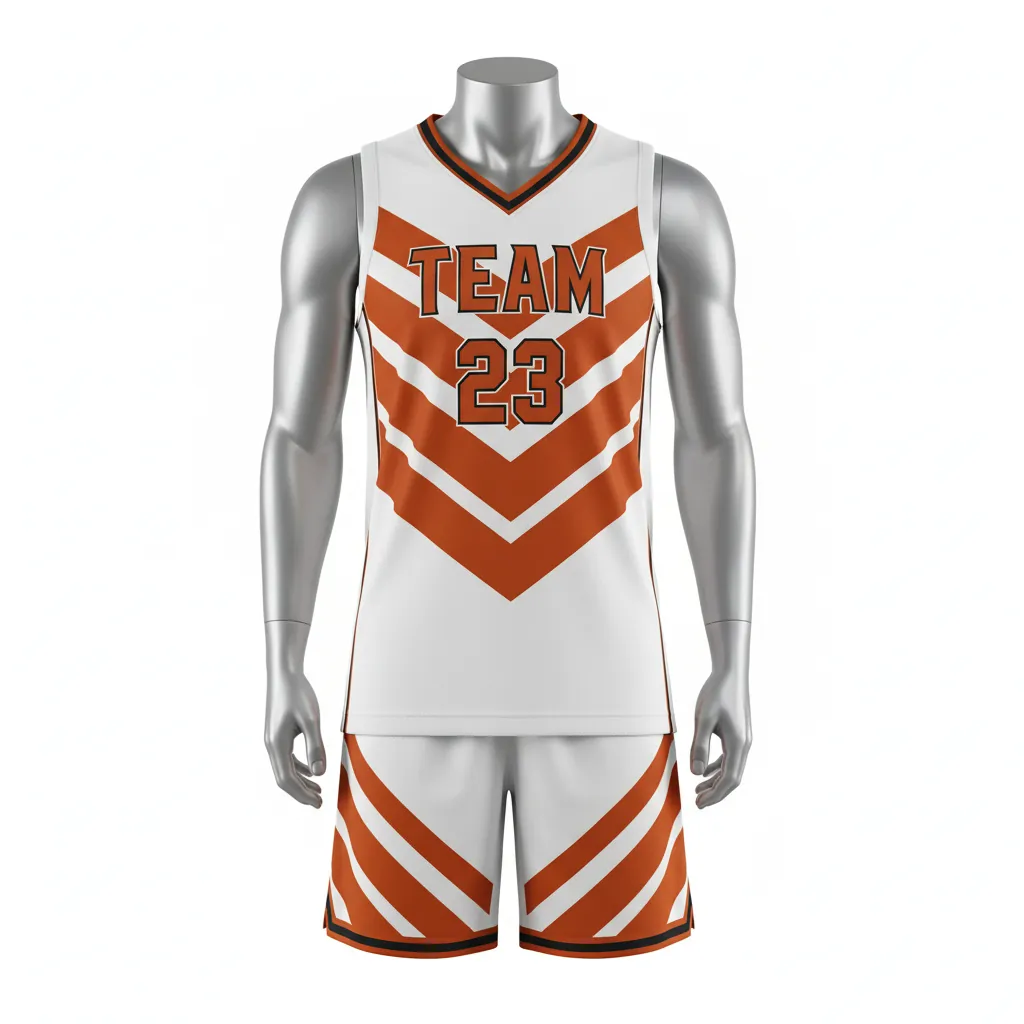 Custom Basketball V Neck Basketball Uniform - White, Burnt, Orange... - Vneck Chevron Pattern - Front View - HAMCO Sports Inc.