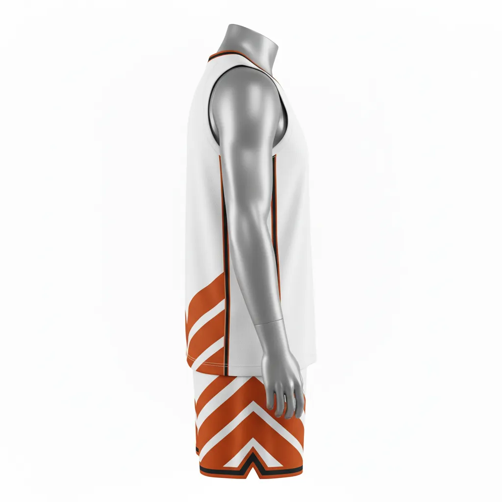 Custom Basketball V Neck Basketball Uniform - White, Burnt, Orange... - Vneck Chevron Pattern - Side View - HAMCO Sports Inc.