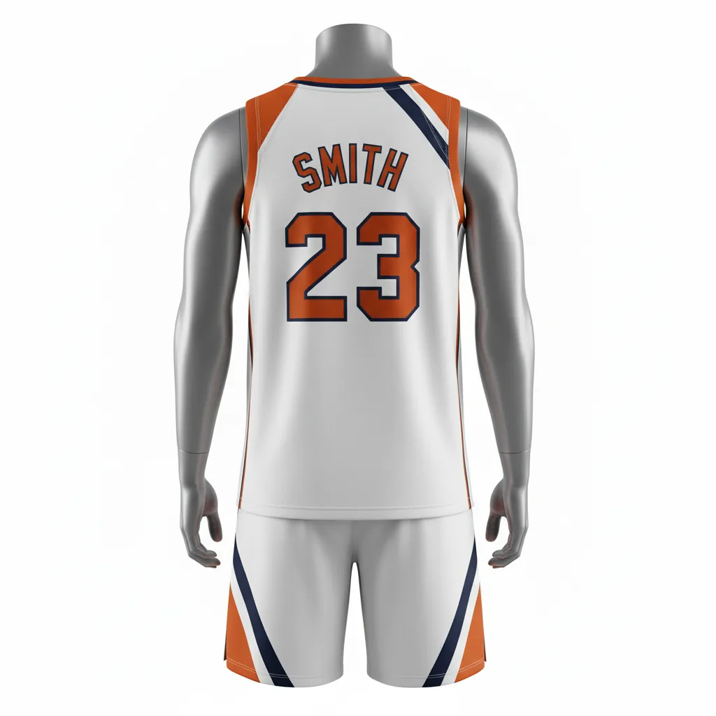 Custom Basketball V Neck Basketball Uniform - White, Burnt, Orange... - Vneck Asymmetric Angular - Back View - HAMCO Sports Inc.