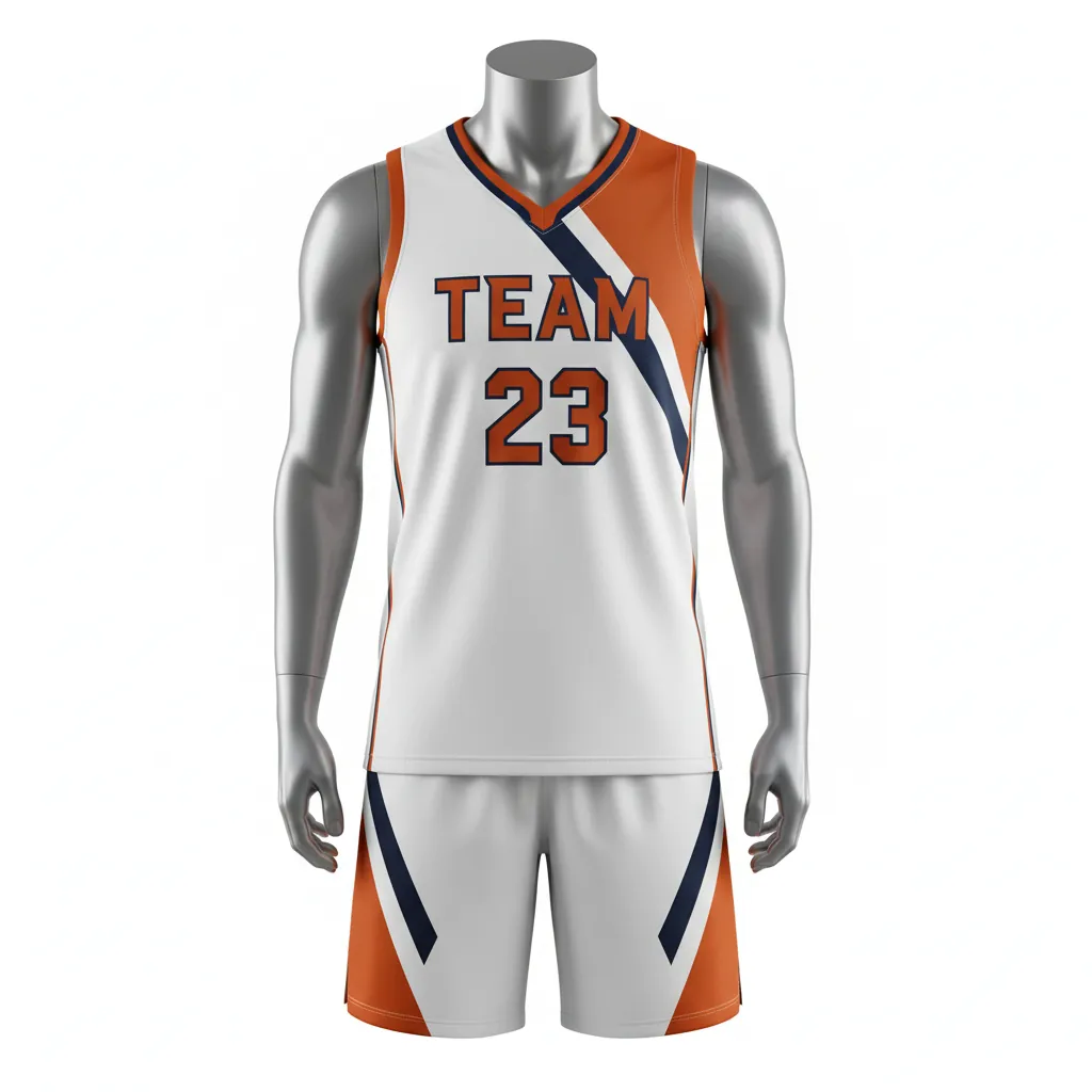 Custom Basketball V Neck Basketball Uniform - White, Burnt, Orange... - Vneck Asymmetric Angular - Front View - HAMCO Sports Inc.