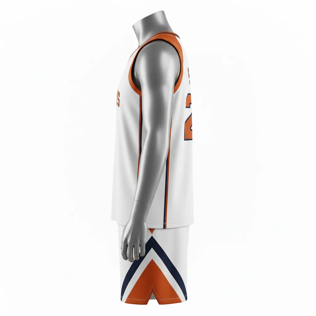 Custom Basketball V Neck Basketball Uniform - White, Burnt, Orange... - Vneck Asymmetric Angular - Side View - HAMCO Sports Inc.