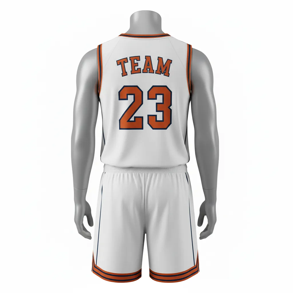 Custom Basketball V Neck Basketball Uniform - White, Burnt, Orange... - Vneck Vertical Stripes - Back View - HAMCO Sports Inc.