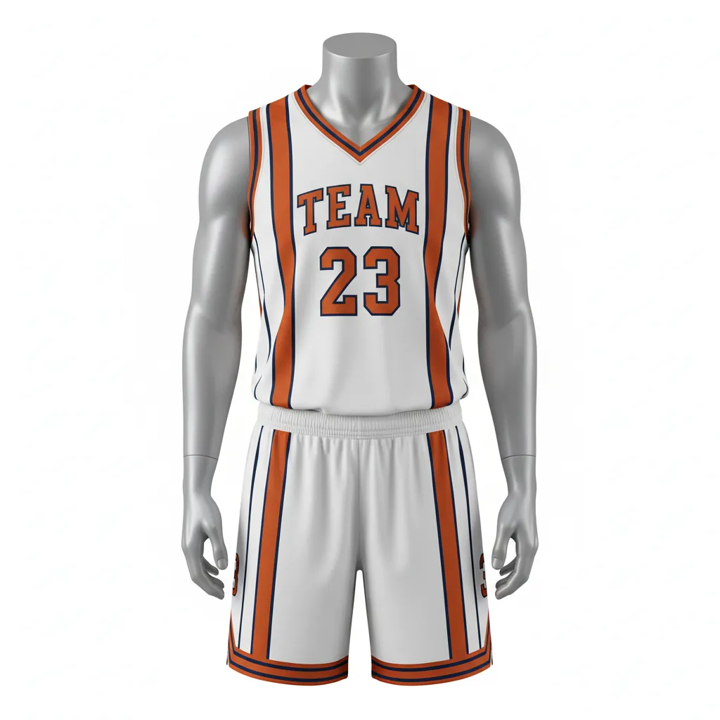 Custom Basketball V Neck Basketball Uniform - White, Burnt, Orange... - Vneck Vertical Stripes - Front View - HAMCO Sports Inc.