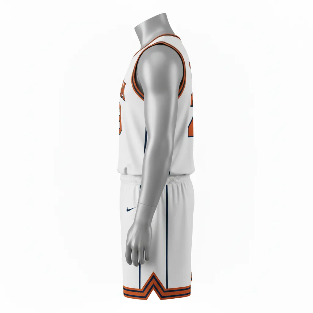 Custom Basketball V Neck Basketball Uniform - White, Burnt, Orange... - Vneck Vertical Stripes - Side View - HAMCO Sports Inc.