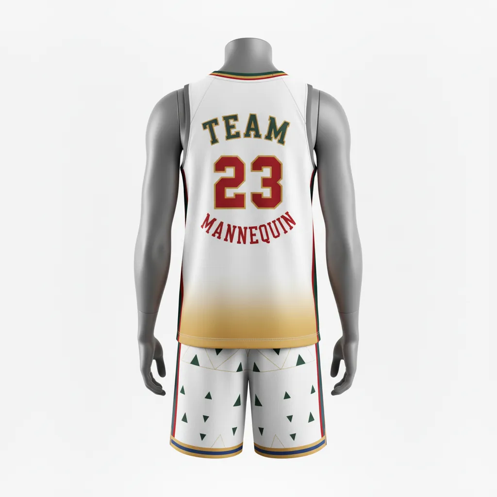 Custom Basketball V Neck Basketball Uniform - White, Red, Gold - Vneck Cardinal Side Panel Block - Back View - HAMCO Sports Inc.