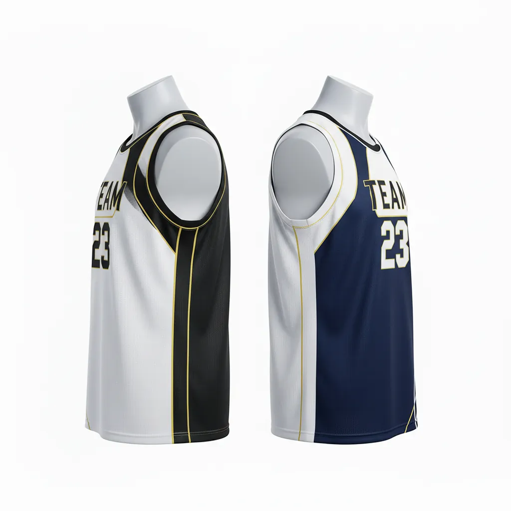 Custom Basketball V Neck Reversible Jersey - White, Black, Gold - Reversible Vneck Jersey Retro Color Block - Front View - HAMCO Sports Inc.
