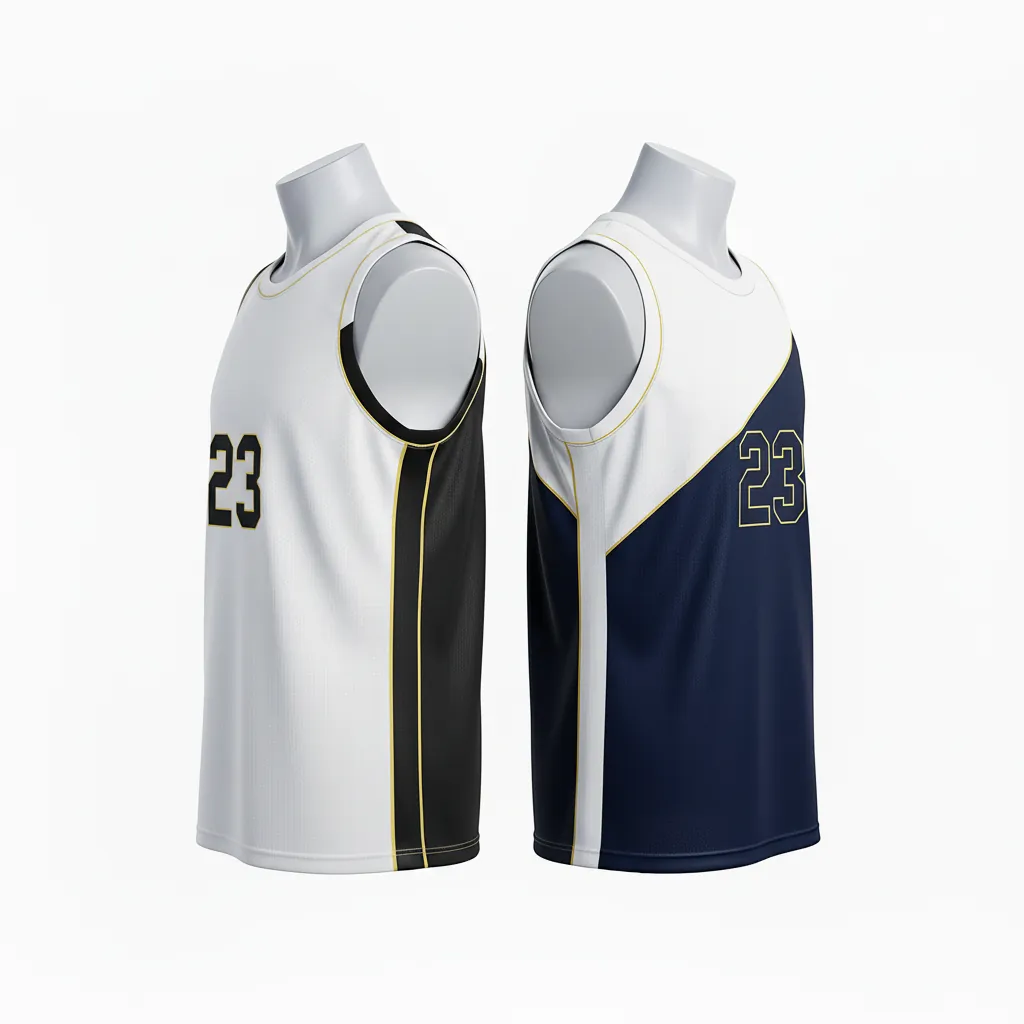 Custom Basketball V Neck Reversible Jersey - White, Black, Gold - Reversible Vneck Jersey Retro Color Block - Side View - HAMCO Sports Inc.
