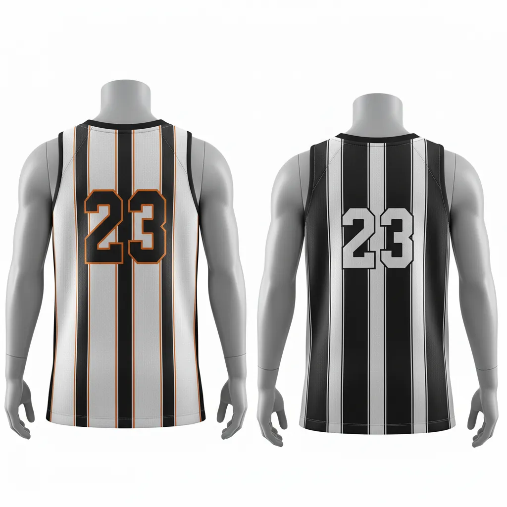 Custom Basketball V Neck Reversible Jersey - White, Black, Orange - Reversible Vneck Jersey Vertical Stripes - Back View - HAMCO Sports Inc.