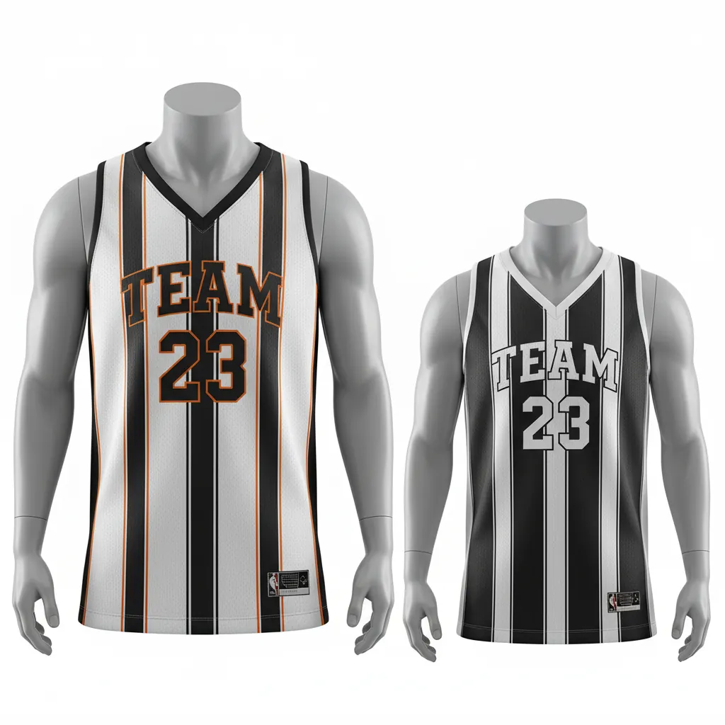 Custom Basketball V Neck Reversible Jersey - White, Black, Orange - Reversible Vneck Jersey Vertical Stripes - Front View - HAMCO Sports Inc.