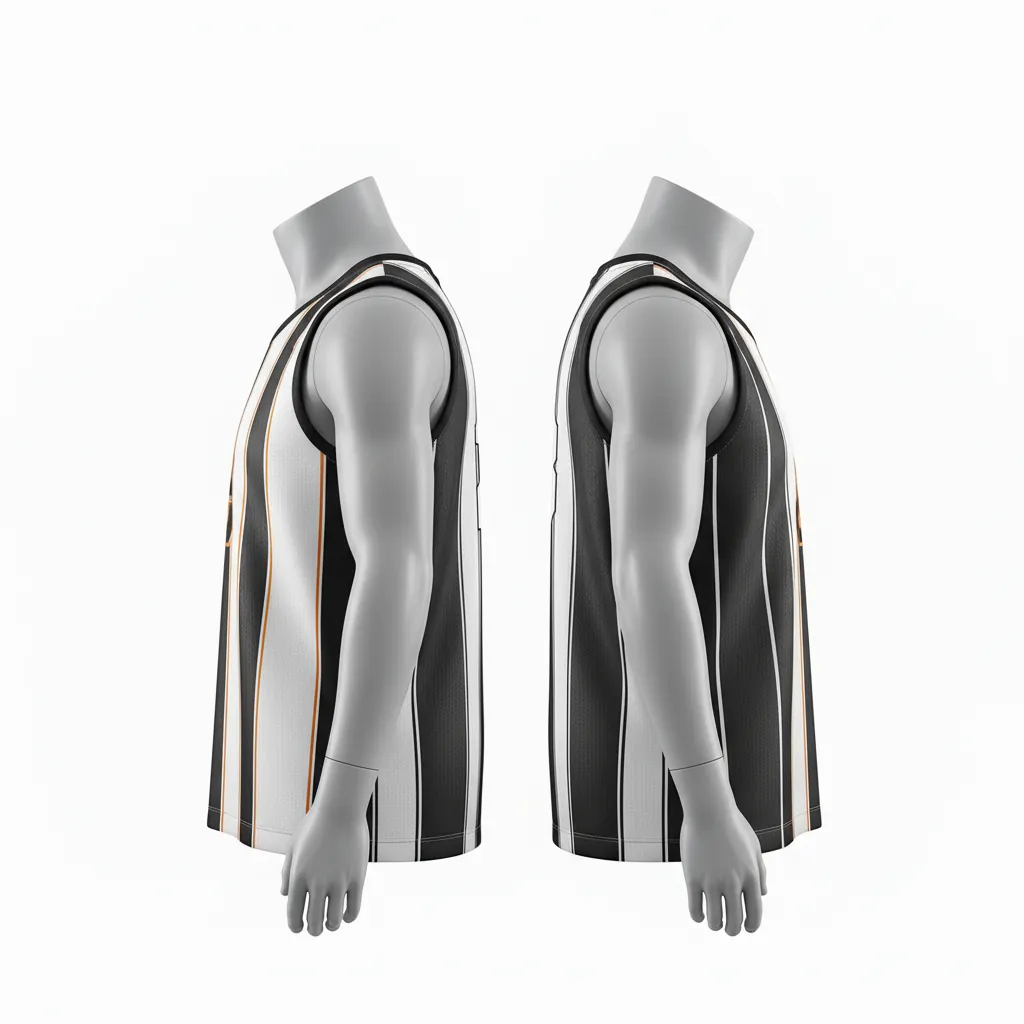 Custom Basketball V Neck Reversible Jersey - White, Black, Orange - Reversible Vneck Jersey Vertical Stripes - Side View - HAMCO Sports Inc.