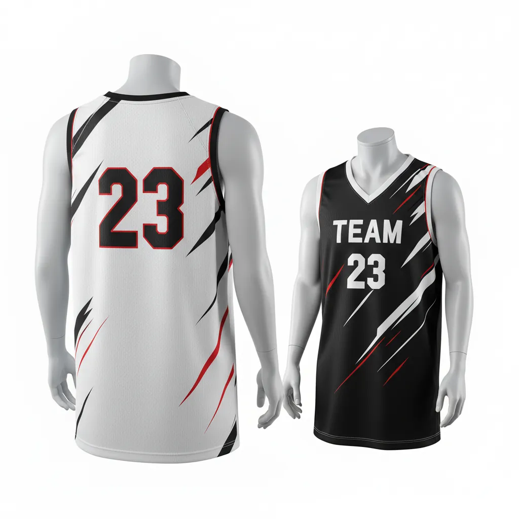 Custom Basketball V Neck Reversible Jersey - White, Black, Red - Reversible Vneck Jersey Diagonal Slash - Back View - HAMCO Sports Inc.