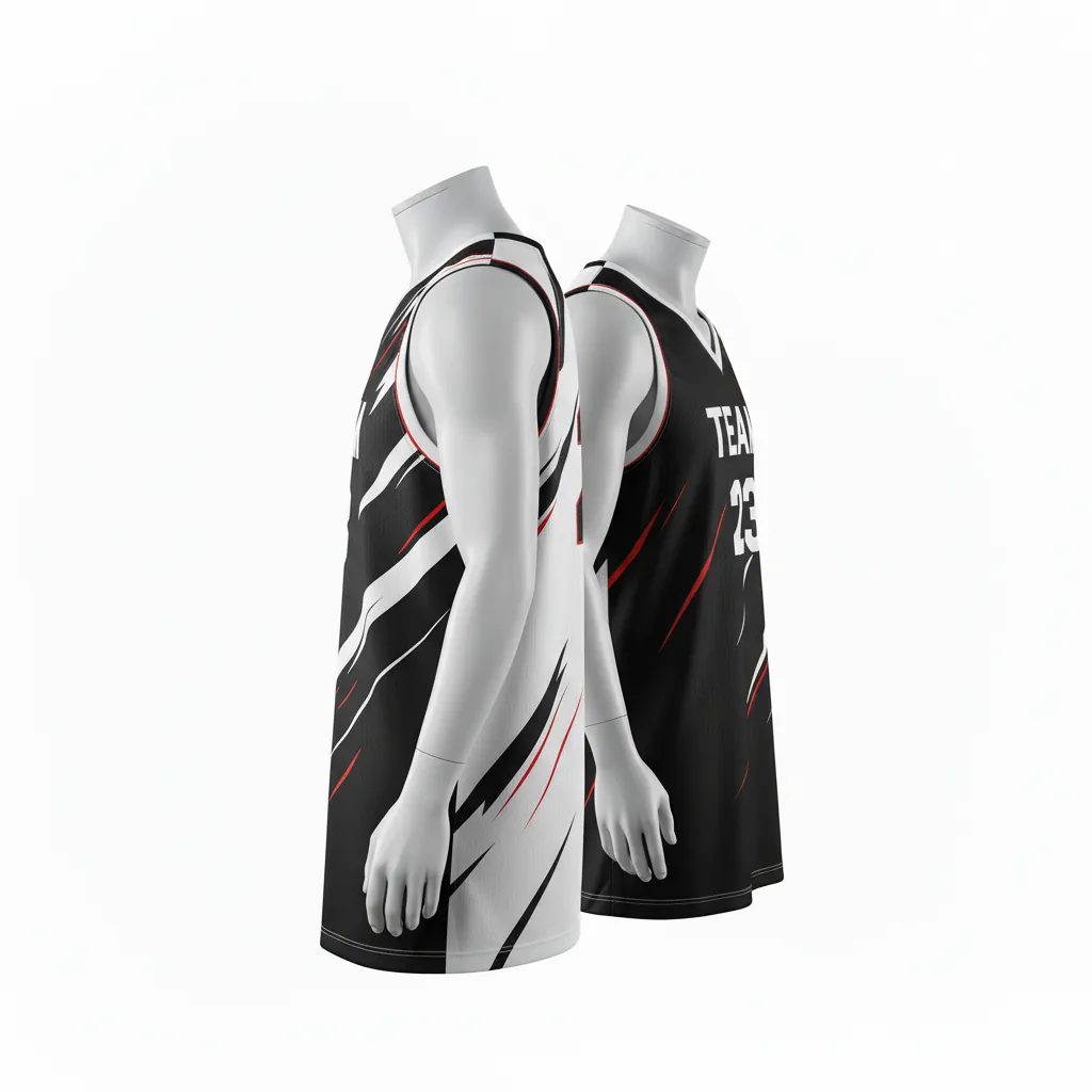Custom Basketball V Neck Reversible Jersey - White, Black, Red - Reversible Vneck Jersey Diagonal Slash - Side View - HAMCO Sports Inc.