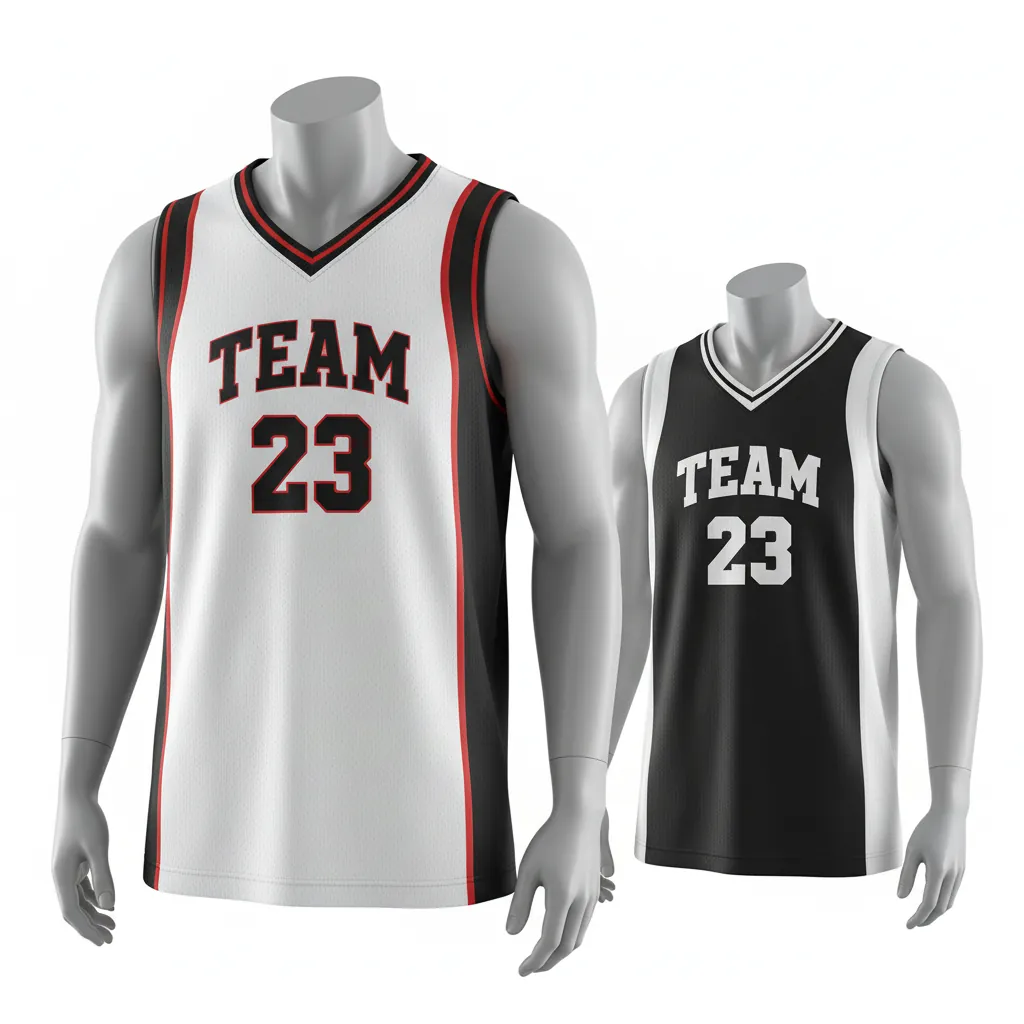 Custom Basketball V Neck Reversible Jersey - White, Black, Red - Reversible Vneck Jersey Retro Color Block - Front View - HAMCO Sports Inc.