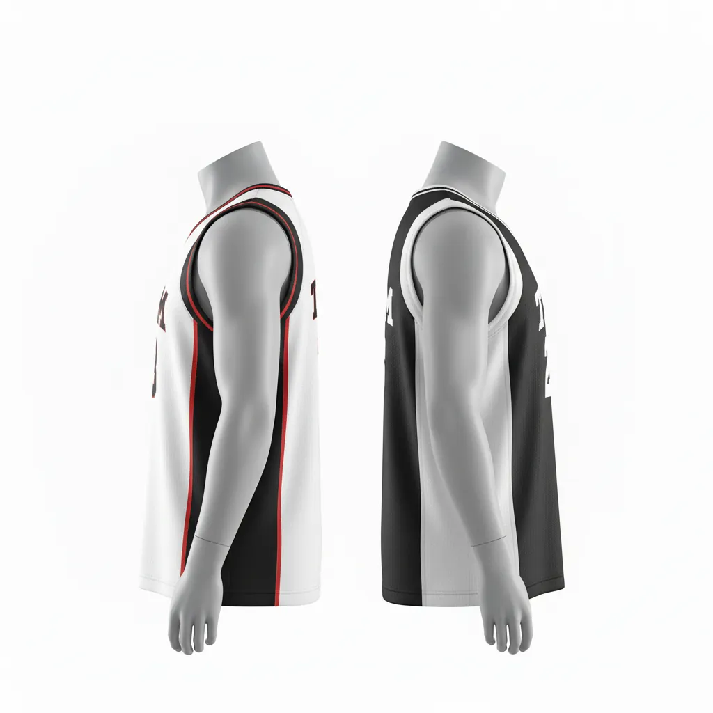 Custom Basketball V Neck Reversible Jersey - White, Black, Red - Reversible Vneck Jersey Retro Color Block - Side View - HAMCO Sports Inc.