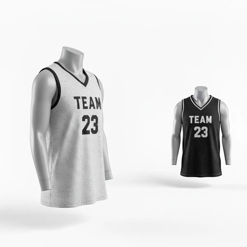 Custom Basketball V Neck Reversible Jersey - White, Black, White - Reversible Vneck Jersey Texture Pattern - Side View - HAMCO Sports Inc.