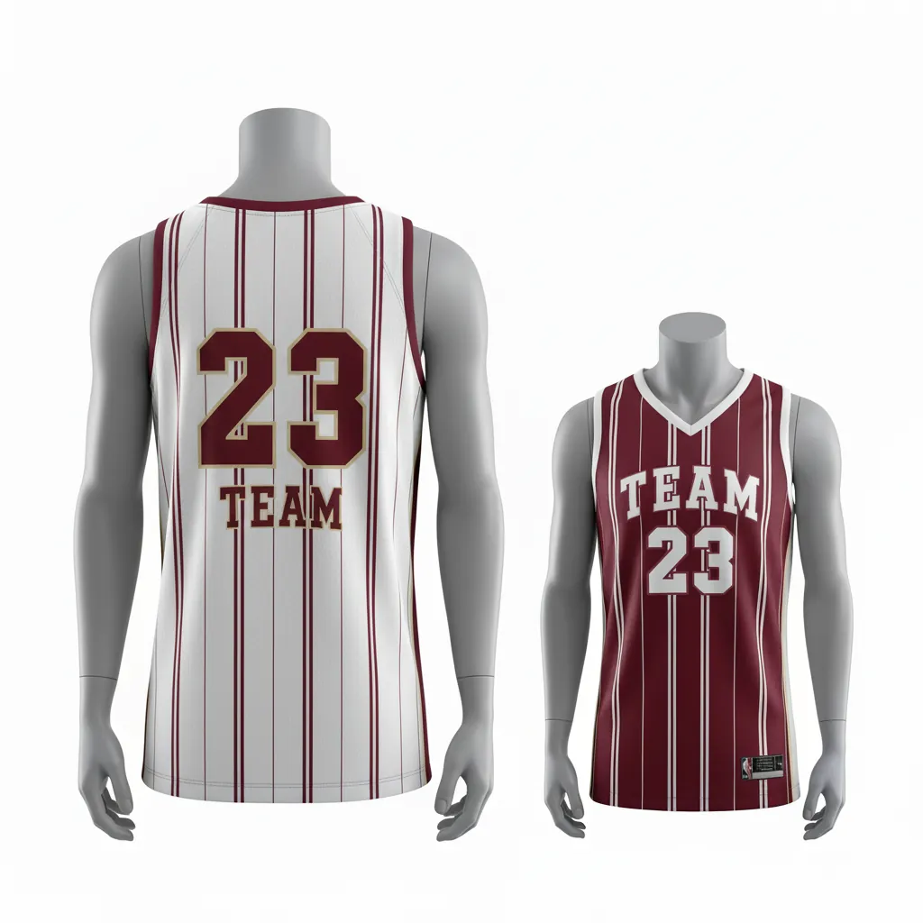 Custom Basketball V Neck Reversible Jersey - White, Burgundy, Cream - Reversible Vneck Jersey Vertical Stripes - Back View - HAMCO Sports Inc.