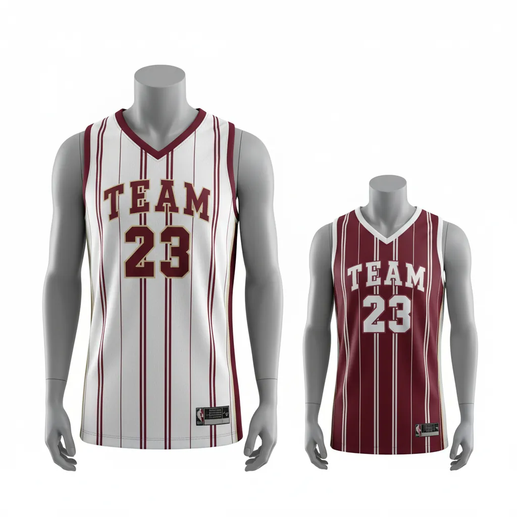 Custom Basketball V Neck Reversible Jersey - White, Burgundy, Cream - Reversible Vneck Jersey Vertical Stripes - Front View - HAMCO Sports Inc.