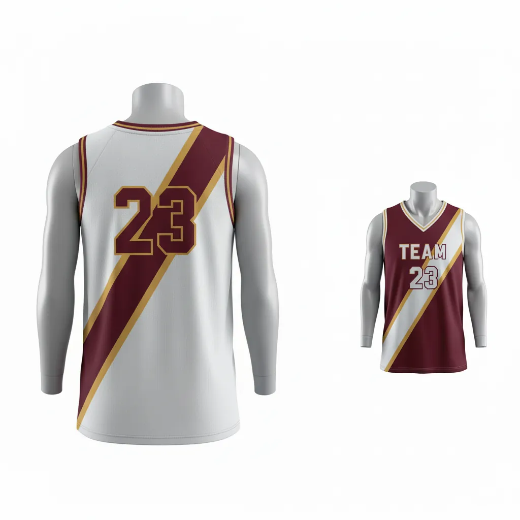 Custom Basketball V Neck Reversible Jersey - White, Burgundy, Gold - Reversible Vneck Jersey Diagonal Slash - Back View - HAMCO Sports Inc.
