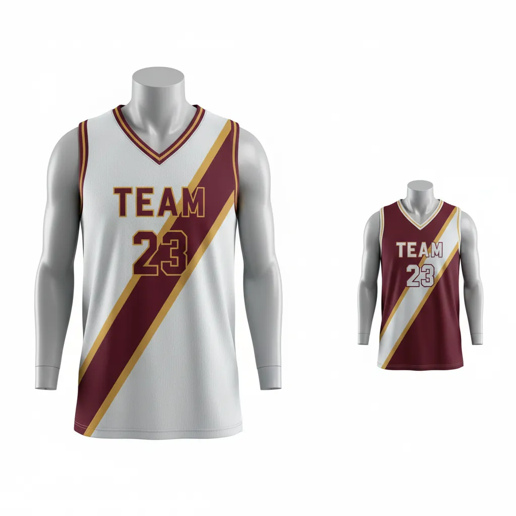 Custom Basketball V Neck Reversible Jersey - White, Burgundy, Gold - Reversible Vneck Jersey Diagonal Slash - Front View - HAMCO Sports Inc.