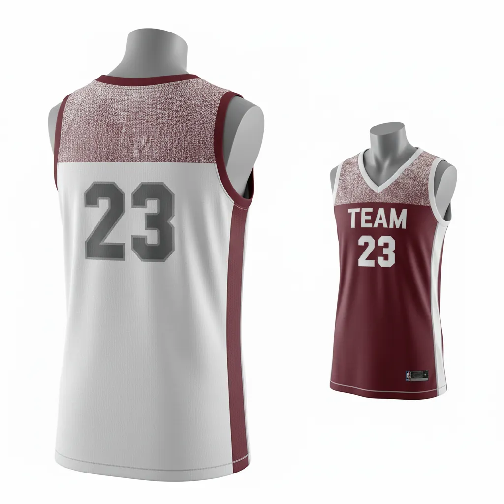 Custom Basketball V Neck Reversible Jersey - White, Burgundy, Silver - Reversible Vneck Jersey Texture Pattern - Back View - HAMCO Sports Inc.