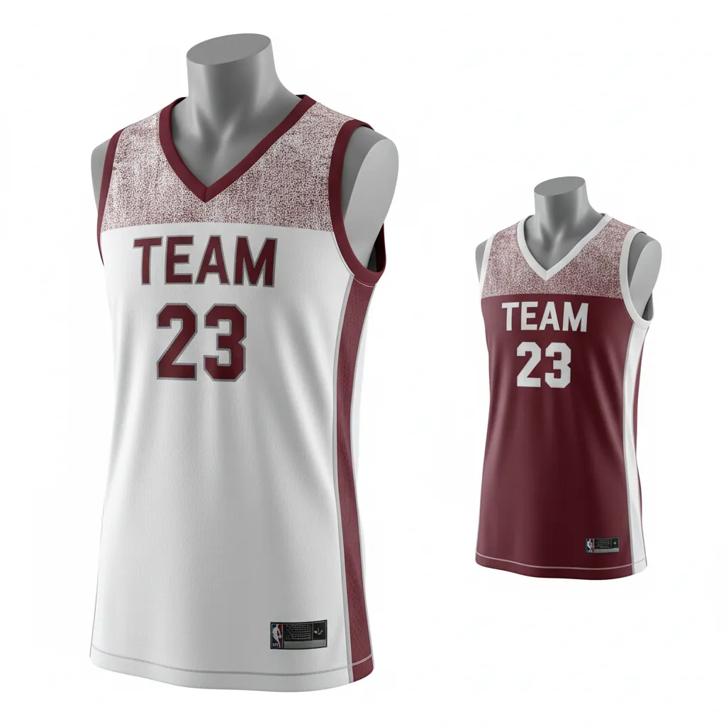 Custom Basketball V Neck Reversible Jersey - White, Burgundy, Silver - Reversible Vneck Jersey Texture Pattern - Front View - HAMCO Sports Inc.