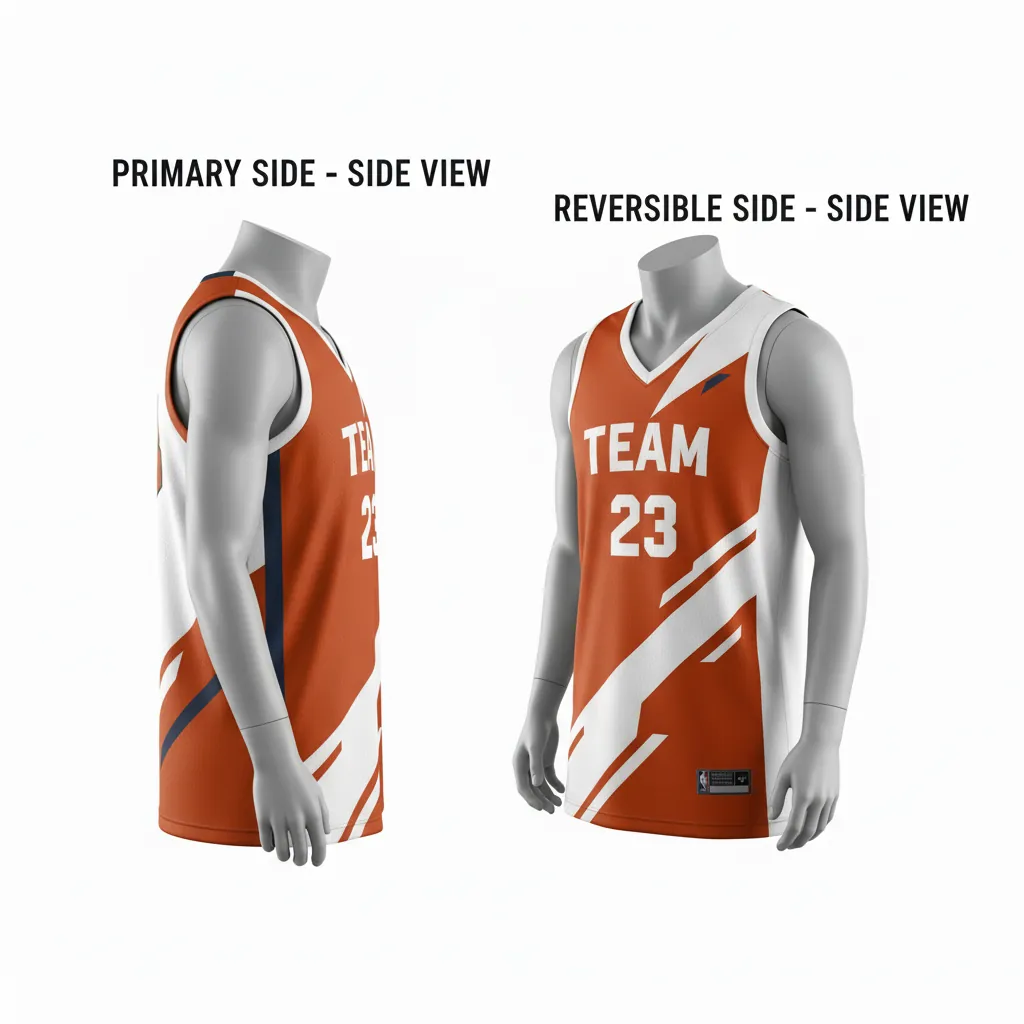 Custom Basketball V Neck Reversible Jersey - White, Burnt, Orange... - Reversible Vneck Jersey Asymmetric Angular - Side View - HAMCO Sports Inc.