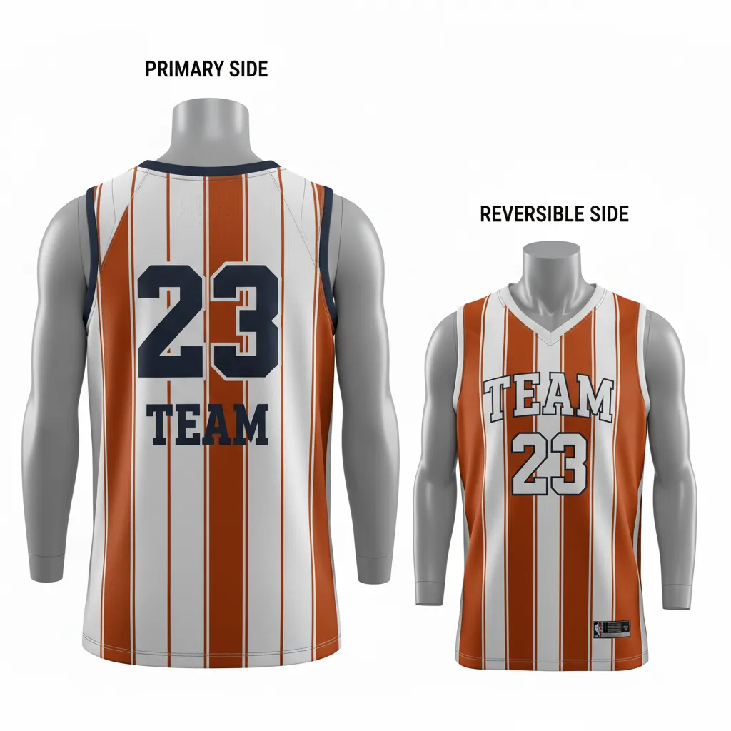 Custom Basketball V Neck Reversible Jersey - White, Burnt, Orange... - Reversible Vneck Jersey Vertical Stripes - Back View - HAMCO Sports Inc.