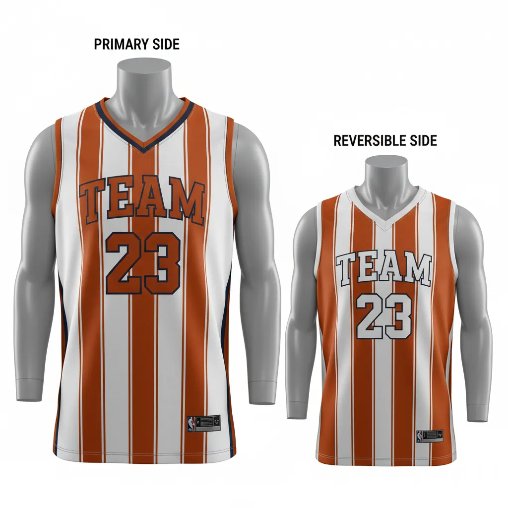 Custom Basketball V Neck Reversible Jersey - White, Burnt, Orange... - Reversible Vneck Jersey Vertical Stripes - Front View - HAMCO Sports Inc.