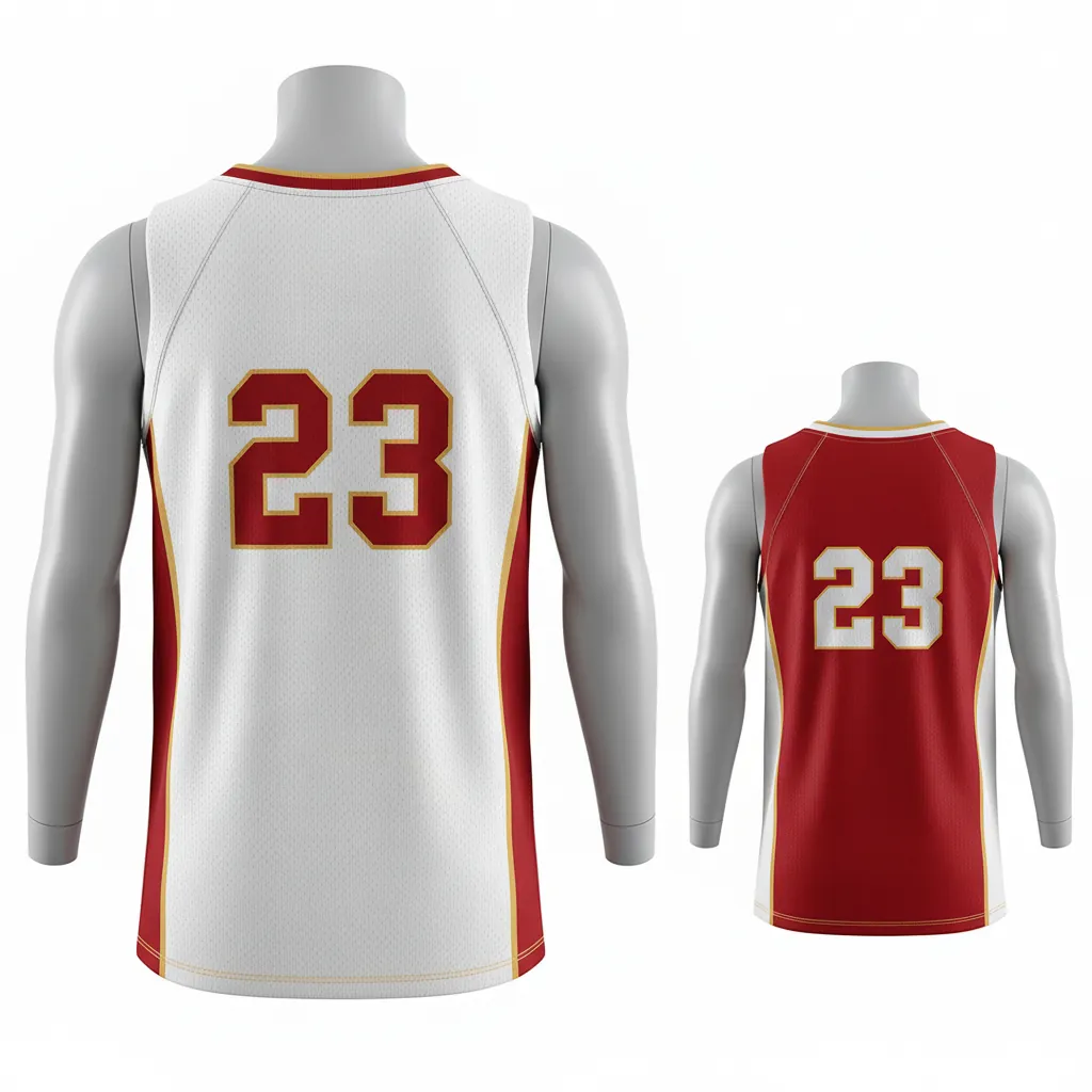 Custom Basketball V Neck Reversible Jersey - White, Red, Gold - Reversible Vneck Jersey Cardinal Side Panel Block - Back View - HAMCO Sports Inc.